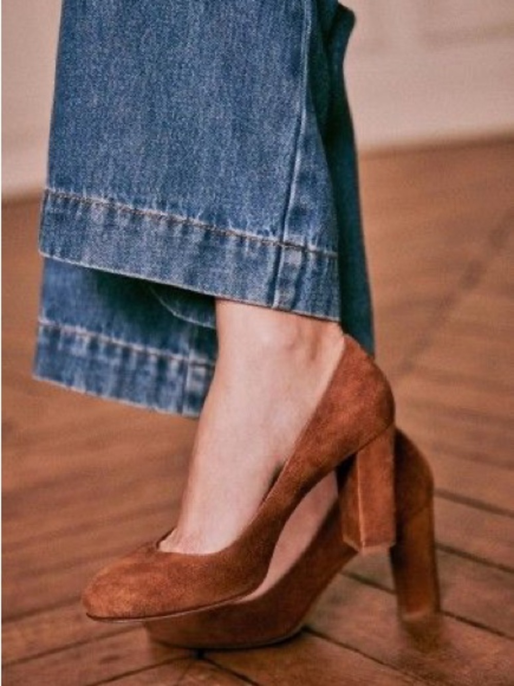 NIB Sezane Helena High Suede Brown Block Heel Pumps FR 38 US 7